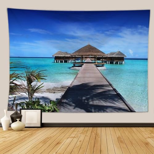 Homxi Wandteppich Schlafzimmer Wanddeko 230 x 150 CM,Polyester Wandteppich Kinderzimmer Deko Holzhaus und Seelandschaft Wandteppich Aesthetic Grau Blau