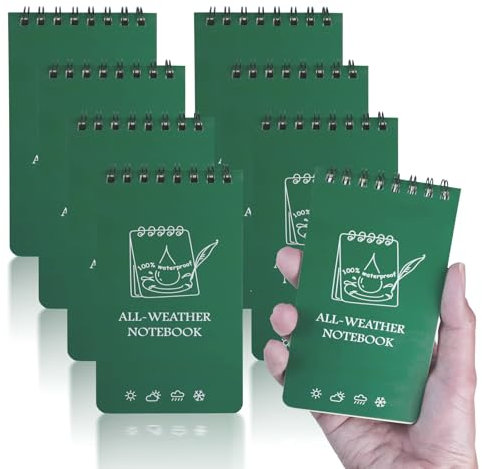 CXRYLZ 8 Stück Small Wasserdichtes Notizblock, Notizbuch Klein, 12,7x7,6cm Taschen-Notizheft, Pocket Allwetter Notizblöcke mit Top-Spirale Field Notes für Aktivitäten im Freien Militär (Grün)