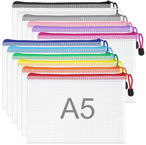 WISYOK 12pcs A5 Plastic Wallets Zip, Zip Lock Bags Mesh, Plastic Folders, Document Wallets, Zip Folders, Zipper File Bags for Office, School, Travel, Home (23.5x16.5cm, 12 Colors)