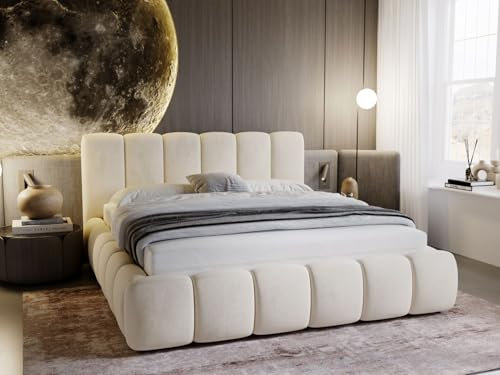 GRAINGOLD Cloud Bett 160x200, Polsterbett mit Bettkasten, Polsterbett mit Stauraum, Samt, mit Lattenrost, mit Kopfteil, ohne Matratze (Beige, 160x200)