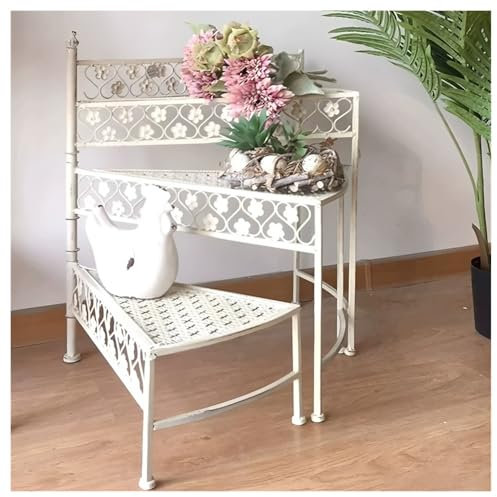 Zfmnoyev Soporte para Plantas De Hierro De 3 Niveles, Expositor De Flores Plegable En Forma De Abanico, Soporte para Flores con Escalera para Patio O Jardín, Diseño Giratorio(Blanco)