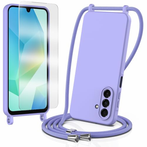 Coque pour Samsung Galaxy A17,1 Film de Protection en Verre trempé, avec Cordon, Collier Étui Souple Silicone Liquide avec Tour de Cou Lanière, Réglable, Amovible, Antichoc Bumper Housse,Violet