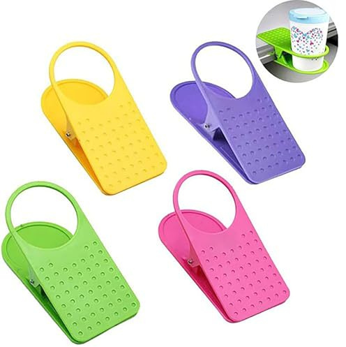Clip on Cup Holder, 4Pcs Portable Desk Side Cup Holders Clip Mug Holder Clamp for Camping Chair Sunbed,Saucer Clip Design for Home Office, Black,Diameter within 6.5cm/2.6in, Random Colors (4pcs)