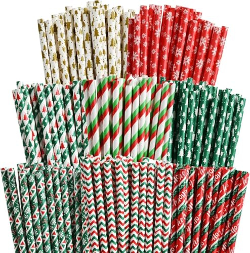 200 Christmas Paper Straws, 8 Styles Red Green White Gold Biodegradable Party Drinking Straws with Stripe, Wave, Christmas Tree Snowflake Design Decorations Supplies