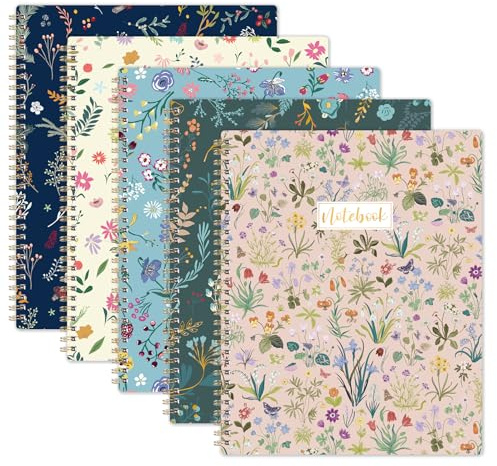 Kamaking Notizbuch A4 – A4-Notizbuch, Notizbuch, 5er-Pack mit Blumeneinband, Spiralbindung, 29,6 x 23 cm, leicht abreißbar