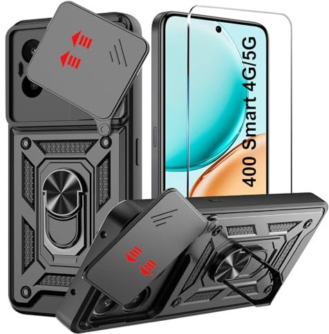 LYJERRY Case Screen Protector for HONOR 400 Smart Phone Case with Camera Cover Slider, 360 Full Body Armour Protective Tough Cover Ring Stand Holder Military Grade Protective Cover Tempered Glass