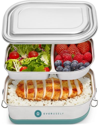 Everusely Stainless Steel Bento Box - Tiered Lunch Box - 2 Compartments Metal Container with Leakproof Lid - Removable Compartmented Layer to 1 Large Portion Section - Work Friendly Lunchbox