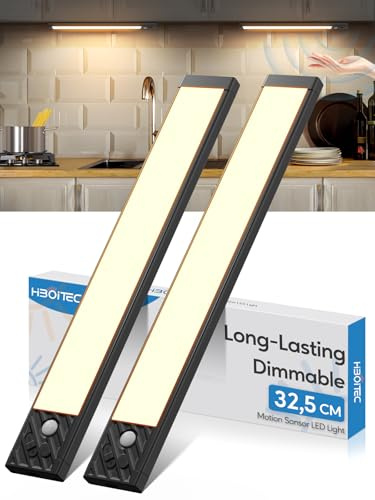 HIBOITEC Unterbauleuchte Küche Led Akku, 32,5cm 2500mAh Schrankbeleuchtung, Dimmbar 350 Lumen Schranklicht mit Bewegungsmelder, Lichtleiste für Schlafzimmer, Kleiderschrank, Warmweißes Licht