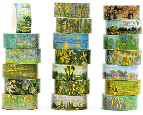 Songdao 20 Rolls Impressionism Washi Tape Pack Oil Painting Style Decorative Masking Tapes Set with Gold Foil, Renaissance Arts for Craft, Kids, Scrapbook, DIY, Gift Wrapping (Monet's Water Lily)