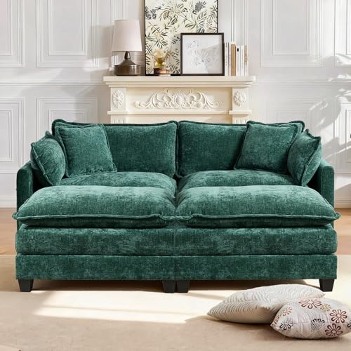SoarFlash Modulares Wohnzimmer-Sofa, Chenille mit Doppelkissen, Grün 2-Sitzer + 2 Hocker