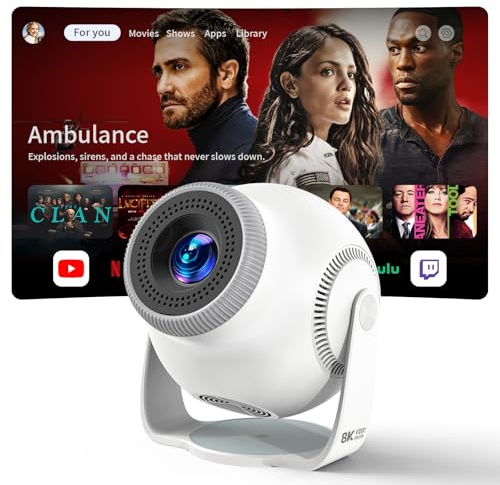 Mini Projector 4K and 1080P Support, Android 14 Smart System, 8K Decoding, 480 ANSI Lumens, Wi-Fi 6 and Bluetooth 5.4, Auto Keystone, 180° Rotatable Smart Projector for Bedroom - Pearl White