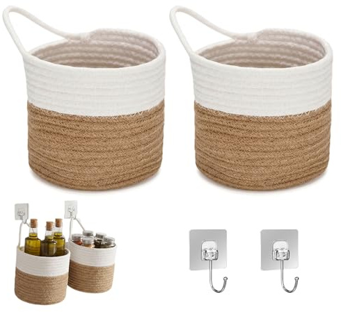 Hängekorb, 2 Stück Wandkorb mit Griff, Hängekörbe Baumwollseilflechten | mit 2 Selbstklebenden Haken für Küche Bad Schlafzimmer Wohnzimmer Korb zum Aufhängen 16 × 16 × 15cm (Weiß Braun)