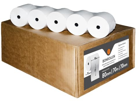 50 Stk. Thermorollen | 80x70x12 mm Ø70mm | Länge: 70 m | BPA frei | Kassenrollen für alle Kassensysteme Bonrollen Drucker | Thermopapier made in Germany | HUTNER