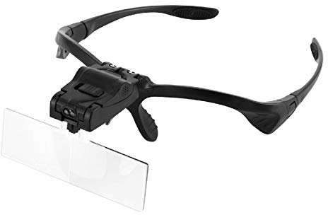 Wallfire Lupen mit LED-Licht, freihändige Lesekopflupe mit 5 abnehmbaren Linsen und elastischem Kopfband zum Austauschen (1,0 x, 1,5 x, 2,0 x, 2,5 x, 3,5 x)
