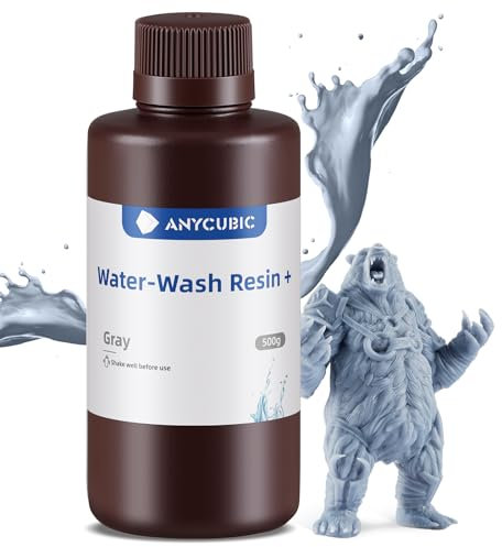 ANYCUBIC Wasser Waschbares Resin Plus, 3D Drucker Harz Wasserlöslich, UV-Resin 405nm Standard Photopolymer Harz, Geringer Geruch, Geeignet für 4/6/8K LCD 3D-Drucker (Grau,500g)