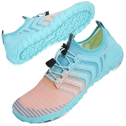 Mabove Strandschuhe Wasserschuhe Damen Schnell Trocknen Surfschuhe Schwimmschuhe Aquaschuhe Badeschuhe Barfussschuhe (Pink Blau V011,40 EU)