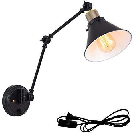 Retro Wandleuchte Mit Stecker und Kabel Verstellbar Schwarz Lange Arm Wandlampe Mit Schalter Wand-Leseleuchte Nachttischlampe E27 Innen Wandbeleuchtung, für Schlafzimmer Wohnzimmer Küche Bar Büro
