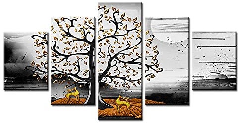 Vogue Quadro Su Tela 5 Pezzi Albero Della Vita In Fiore Nero Bianco Moderni Murale Grafica Decorazione Da Parete Intelaiato E Pronto Da Appendere 150X80Cm(A)
