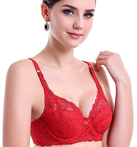 Ayigedu Ladies Sexy Lace Underwire Thin Padded Plunge Bra Soft Cup Breathable Bra 42-AA Red