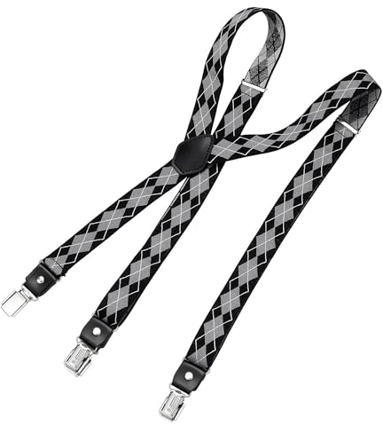 DonDon Hosenträger Herren kariert schwarz grau weiß schmal 2,5 cm - Extra starke Clips für Anzug - Hosenträger Herren extra stark - Ideal für Männer oder Damen Rockabilly Suspenders