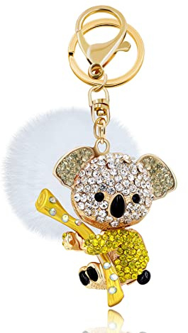 Porte-clés de voiture mignon motif animal pour filles et femmes avec boule de fourrure blanche, Jaune koala, taille unique