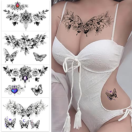 Roarhowl sexy Women's Temporary tattoo, sexy Tattoo package, beautiful and exquis, 3D Real flowers, Butterfly, abdomen, chest, waist and back Application of False tattoos for girls (Conception 2)