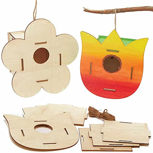Baker Ross FC733 Flower Wooden Bird House Kits - Pack of 2, Kids Paint Your Own Kit, Bird Box Craft for Kids