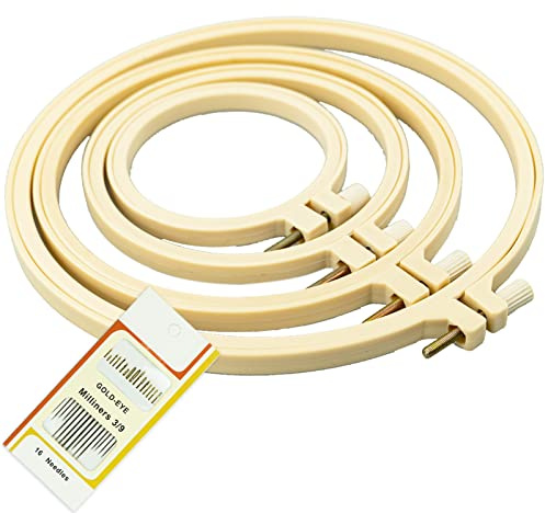 SZCXDKJ 4 Stück 4 Größen Runde Stickrahmen Kunststoff Kreis Kreuzstich Ringe für Basteln Nähen, mit Goldöhren-Sticknadeln, Stickrahmen
