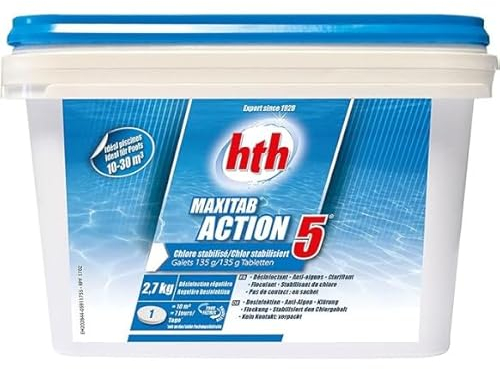 HTH MAXITAB Action 5 Galet 135g - 2,7kg | Chlore Lent Stabilisé Multiaction - Désinfection Régulière Multifonction - Dissolution Lente + 10 Tests HPS OFFERTS 6 en 1
