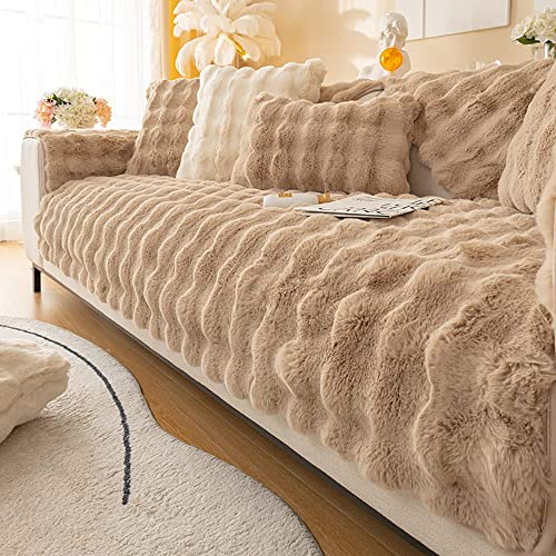 Thick Rabbit Plush Sofa Cushion, 2023 New Faux Rabbit Fur Non Slip Sofa Cover Super Soft Faux Fur Throw Pillow Cover Fluffy Couch Cushion Covers Furniture Protector (Khaki,Sofa Cushion 70*180 cm)