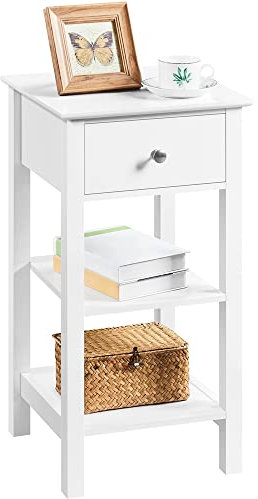 Yaheetech Table de Chevet Blanc Table de Nuit en Bois avec 1 Tiroir et 2 Étagères Bout de Canapé Étroit 35 × 35 × 70 cm Salon Chambre Blanc
