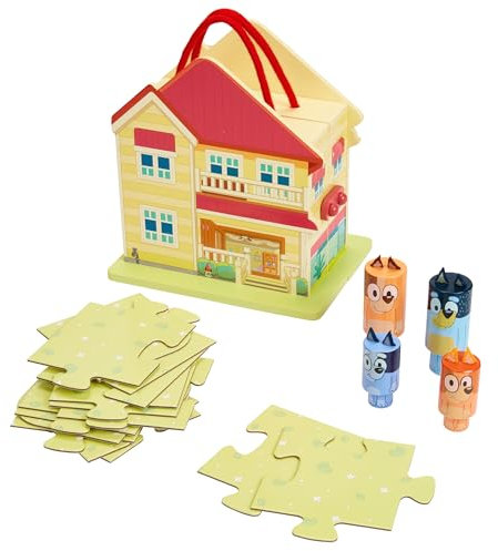 BLUEY – Maison à emporter en bois – Jeux d'intérieur et d'extérieur, 22 pièces dont 6 personnages et 15 tapis de puzzle – Ensemble d'activités portable pour les enfants de 3 ans et plus – 23 cm de hau