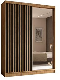 ALTDECOR Kleiderschrank mit Spiegel und Schiebetüren, kugelgelagerte Führungsschienen und Aluminium-Leisten, LED-Beleuchtung (16 Farben) und Fernbedienung - LAMELO- 150 cm Artisan + Schwarz + Artisan