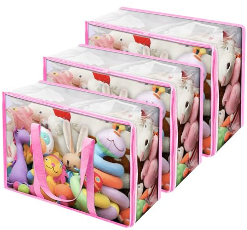 Vieshful Clear Clothes Storage Bag Organizer with Pink Reinforced Handle, 18.1 X 15 X 9.1 in, Storage Bag for Comforter, Blanket, Bedding, Duvet, Transparent Moving Totes with Sturdy Zipper, 3 Pack