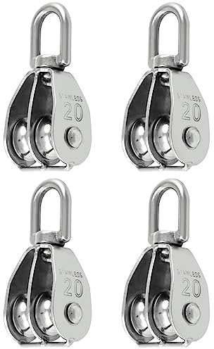 QWORK 4PCS M20 Double Pulley Block 304 Stainless Steel Double Pulley Wheel Roller for Block and Tackle Pulley System