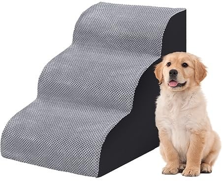 Fellie Non-Slip Pet Steps for Small Dogs & Cats, 3-Step High Density Foam Dog Ramp, Washable Cover, Grey, 40x59x40cm