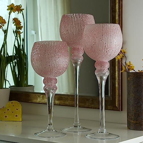 Kerzenhalter Kelch Windlicht Glas Teelichthalter H: 30,5cm/34,5cm/40cm rosa glitzernd 3er Set Kerzenständer