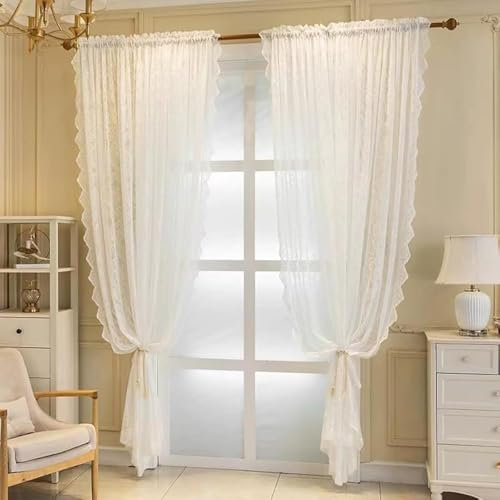 F-CHU White Lace Curtains 72 drop Pair Voile Net Curtain for Windows Victorian Sheer Curtain 140cm Width x 183cm Drop (55x 72) White Curtains