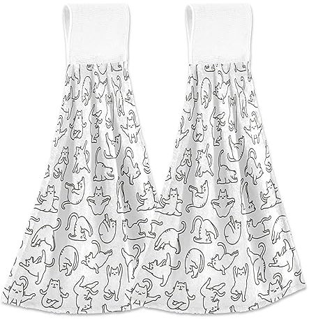 Cartoon Doodle Katze Badetücher mit Schlaufe 2 Stück Gästehandtücher für Badezimmer Badezimmer Dekorative Handtücher