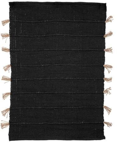 Atmosphera Teppich Tula aus Baumwolle mit Jute-Bommel, 60 x 90 cm, Schwarz