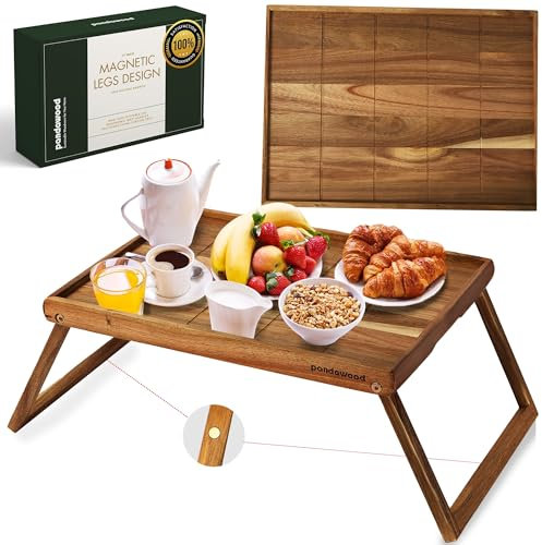 PANDAWOOD Mesa de Cama de Madera con Patas Plegables, Bandeja de Desayuno 100% Madera de Acacia, Bandeja Plegable para Comer y Laptop, Escritorio de Cama Grande, Escritorio Plegable para Laptop en