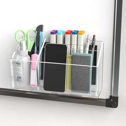 NiOffice Clear Acrylic Magnetic Dry Erase Marker Holder for Whiteboard Fridge Locker 8.4x4.8x2.4 Large Self Adhesive Wall Pen Holder for Home School Office,3-Grid Magnetic Pencil Organizer Holder