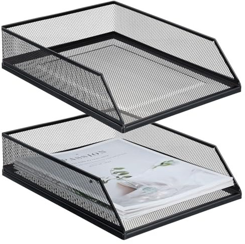 Hicarer 2 bandejas de Metal Negro apilables para Escritorio, Bandeja de Escritorio de Malla de Alambre único, Organizador de Escritorio de Carga Frontal, Soporte de Papel para Escritorio, Oficina,