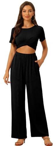 Allegra K Damen 2-Teilige Outfits Kurzarm Front Twist Cropped Top Wide Leg Hosen Sommer Lounge-Sets Freizeitanzug Schwarz XL