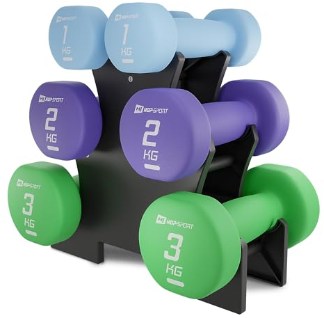 Hop-Sport Hanteln Set mit Hantelständer, Kurzhanteln - 2 x 1 kg, 2 x 2 kg, 2 x 3 kg, Hanteln aus Gusseisen - mit Neopren überzogen- grün,lila,blau