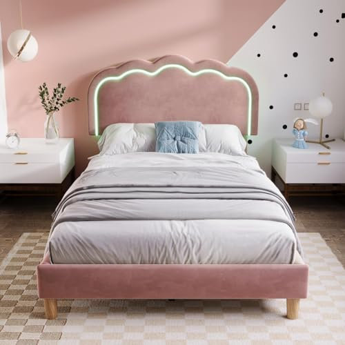 Lit rembourré 90 x 190 cm, Cadre de lit Simple avec sommier à Lattes et tête de lit réglable, Pink