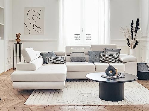 Bestmobilier Pablo – Ecksofa mit Schlaffunktion – mit Bettkasten – verstellbare Kopfstützen – aus Velours – 5-Sitzer – Links Beige