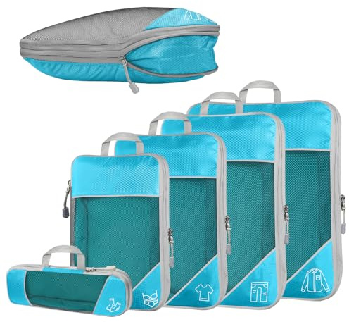 Desoto 5-teilig Kompressions Packwürfel Set für Reisen, Ultraleichte, Blau | Compression Packing Cube zur Organisation Ihres Reisegepäcks, für Rucksack & Koffer, Aufbewahrungstasche, Koffer-Organizer