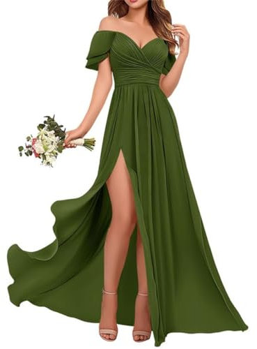 WSEYU Vestidos de dama de honor con hombros descubiertos, cuello en V, vestido de invitada de boda con abertura plisada, Hunter Verde, 56