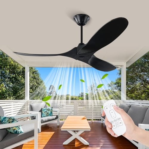 52 Inch Outdoor Ceiling Fan without Light with Remote, Solid Wood Ceiling Fan with Quiet Reversible DC Motor, Large Modern Black Fan for Patios Living Room Porch Bedroom
